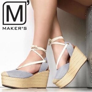 Maker's Blue White Striped Espadrille Wedge Sandals Tie Ankle Strap Women Size 8